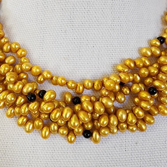 Multi Strand Freshwater Gold Pearl Necklace Choker 925 Sterling Silver Clasp - Picture 8 of 11